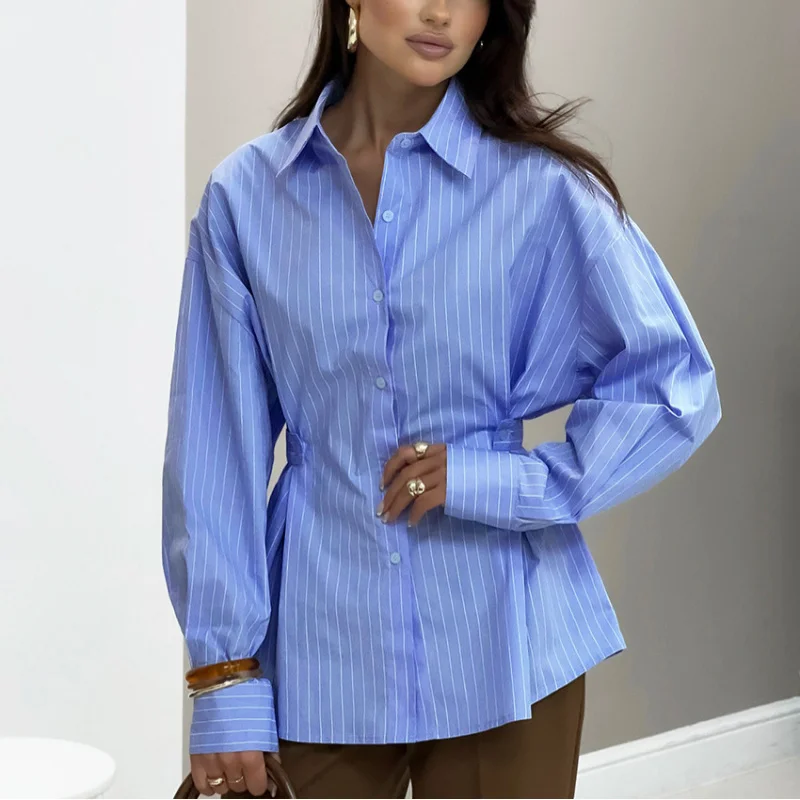 Vintage Style Woman Blouses Featuring Asymmetrical Striped Pattern Press Pleated Waist Elegant Clothing Long Sleeve Work Shirt