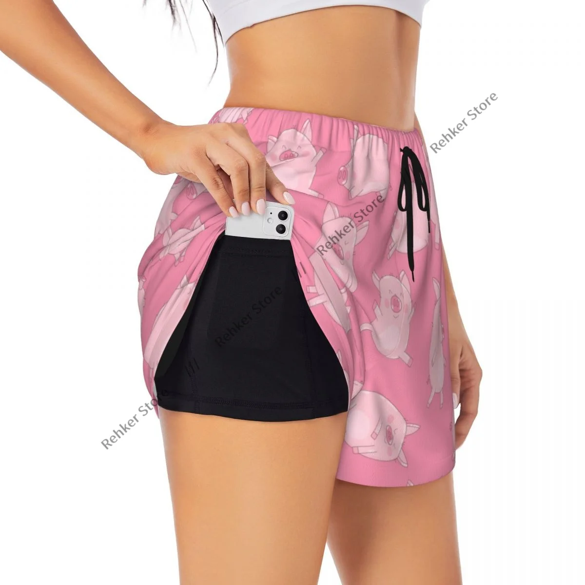 Cute Pink Pigs Women's Double Layered Quick-Dry Athletic Shorts for Outdoor Leisure Running Fitness Workout Sport