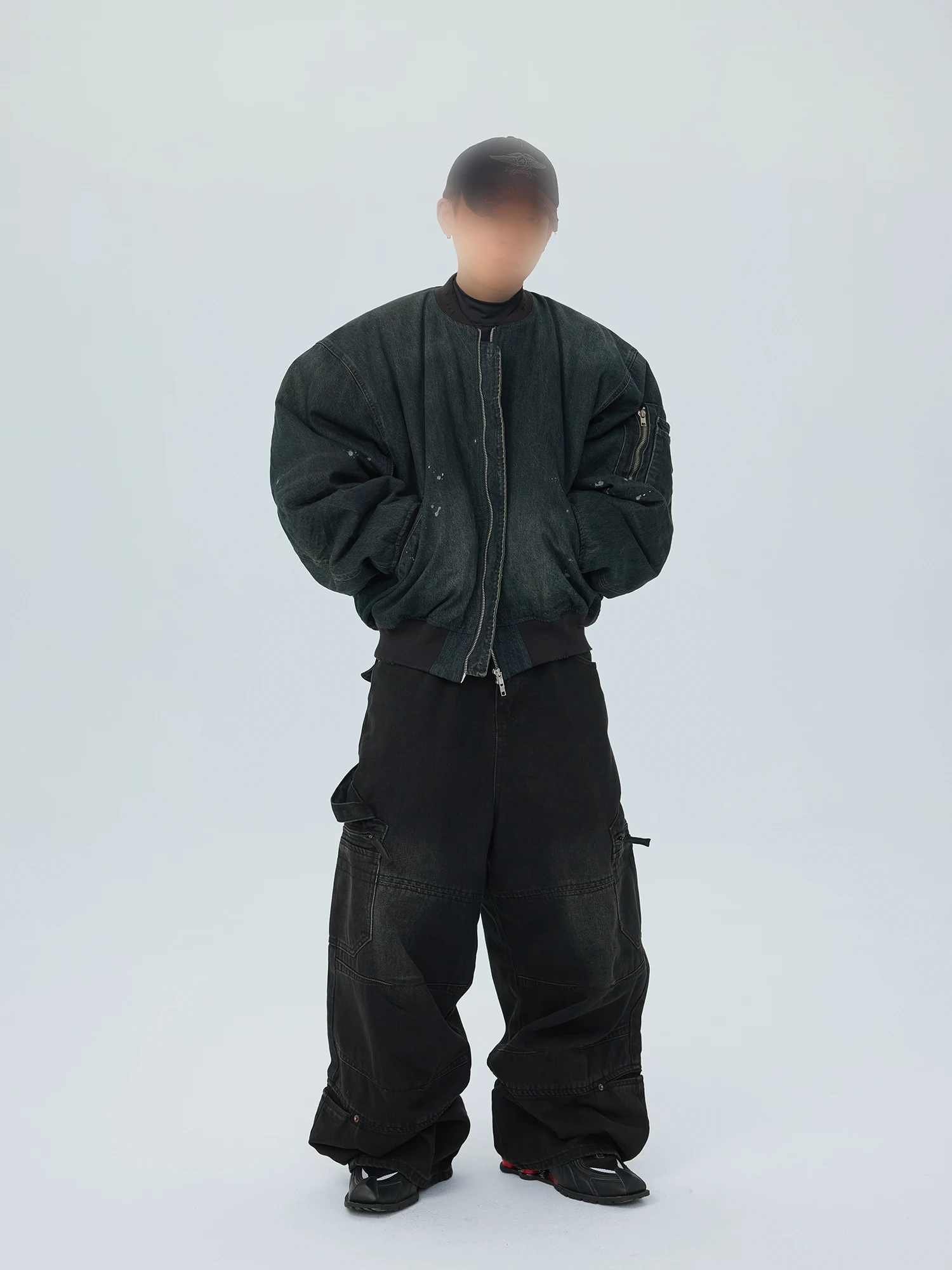 

ASTT 25FW Джинсовая узкая плиссированная окраска Flight Jaet Верхняя часть тела Повседневная молодежная мода Теплая длинная застежка-молния