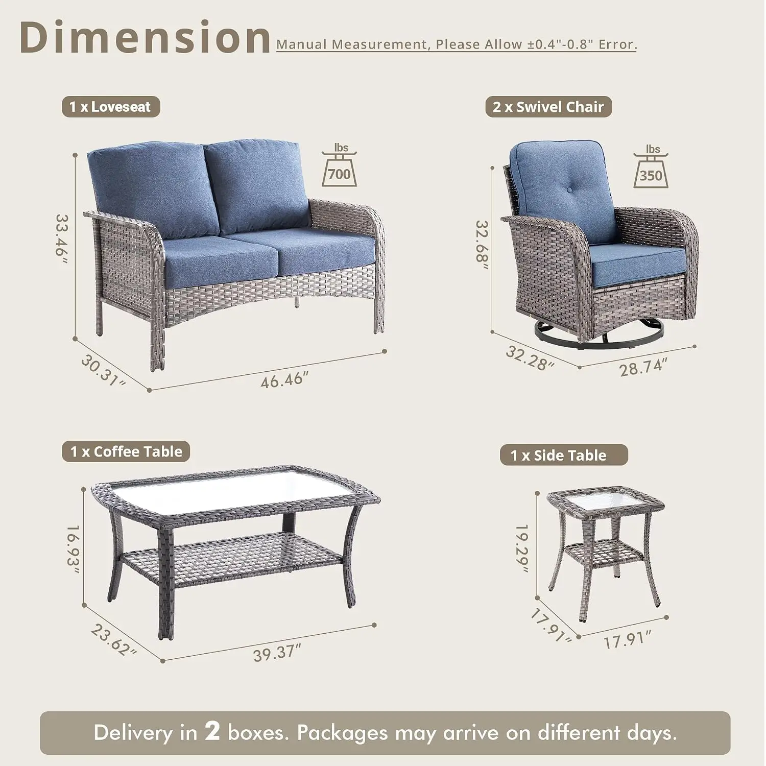 5-Piece Wicker Patio Furniture Set with Glider Chair, Denim Blue, Customized
