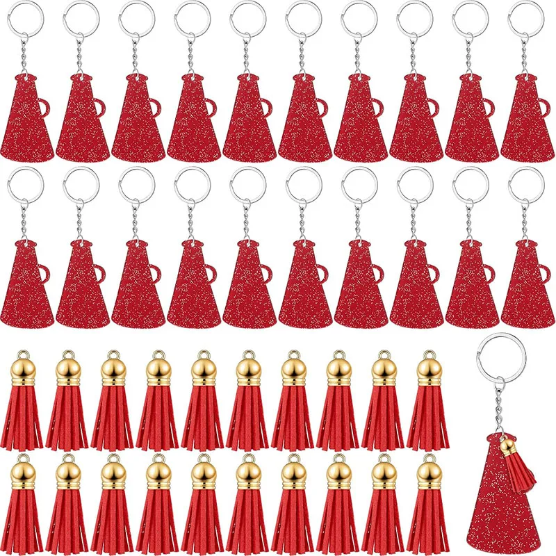 Acrylic Cheer Megaphone Keychains with Tassel Cheerleading Team Gift Grad(Glittery Red, Red) for Girls Youth School Party Deocrs