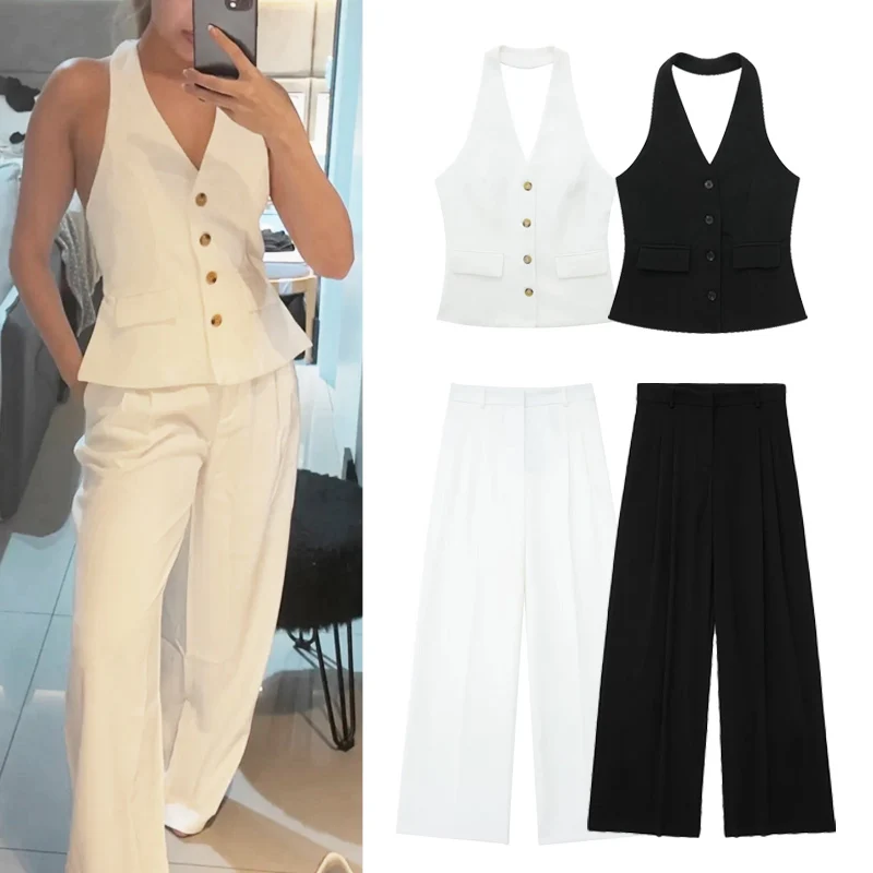 TRAF Pants Set For Women 2 Pieces Outfit 2024 Summer Halter Sleeveless Tank Vest Top Baggy Pants Ladies Fashion Black White Suit