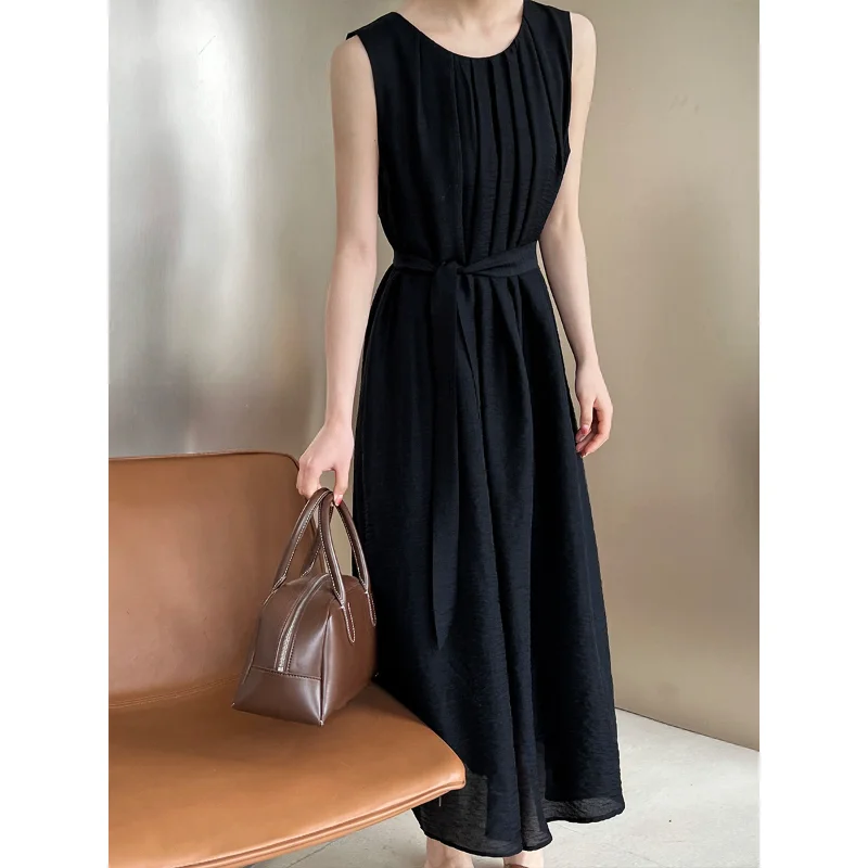 French Loose Pleated Sleeveless Dress Female Summer Khaki Black A Line Holiday Style Korea Chic Casual Basic Women Long Dress