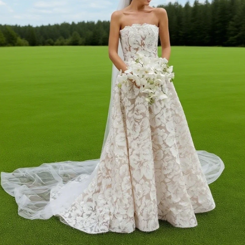 

Strapless Wedding Dress Featuring Stunning Lace Appliques and Floral A-Line Silhouette Bridal Gowns Bride Wedding Dresses