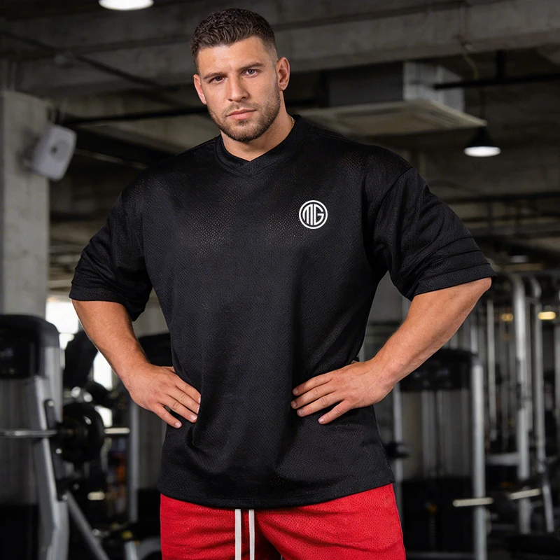 Oversized Mesh Dropped Shoulders Sports Half Sleeve T-shirts Gym Trainning Exercise Mens Bodybuilding Fitness Workout T Shirts 2