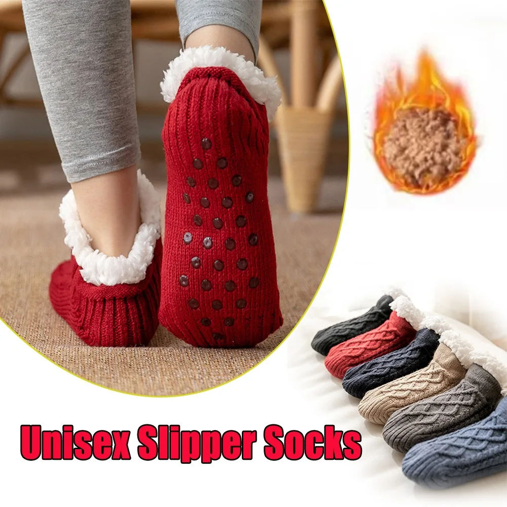 

Носки-тапочки на флисовой подкладке для женщин и мужчин, нескользящие противоскользящие зимние теплые плюшевые домашние носки из овечьей шерсти, уютная домашняя обувь, подарок