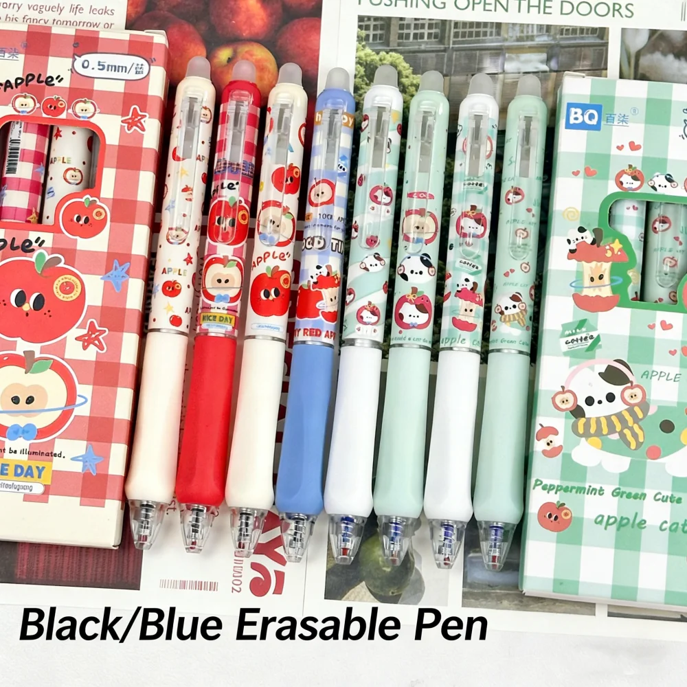4Pcs/Set Cute Apple Cat Erasable Gel Pen 0.5mm Blue/Black Ink Retractable Gel Pens Quick Drying Writing Pen Kawaii Stationery