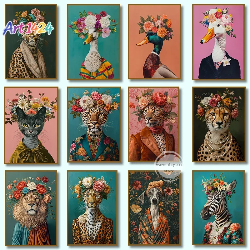 Colourful Flowery Animal Portrait Poster Cheetah Duck Cat Zebra Lion Prints Canvas Printing Wall Art for Living Room Home Dec