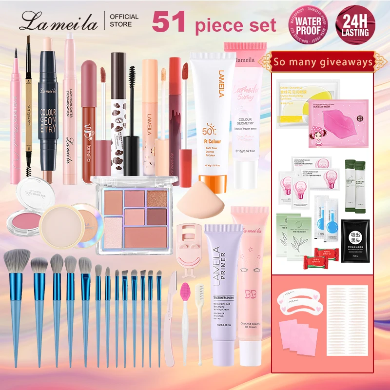 Professional Waterproof Makeup Set 51PCS Eye shadow Eyeliner pencil Mascara Lipstick Loose powder Makeup Brush Tool Set