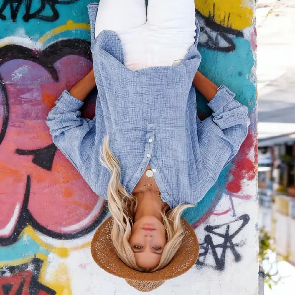 

Women Shirt V-neck Button Half Placket Shirt Long Sleeve Pullover Top Solid Color Loose Fit Simple Shirt Plus Size Women Blouse