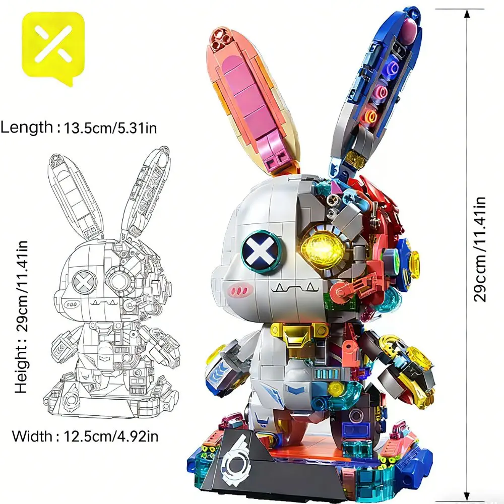 KAVOWORLD 1377PCS Mechanical Rabbit Building Set Punk Style Animal Toys Robot Bunny Sets with LED Light Building Toy Decor Gifts