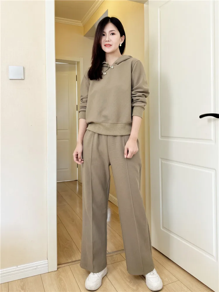 

Модный повседневный спортивный костюм для женщин: свитшот и брюки с широкими штанинами, весна-осень, большие размеры, полиэстер, длинный рукав