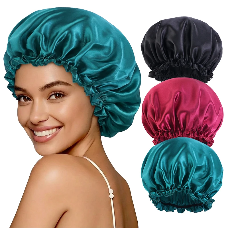 3-teiliges Set Satin-Schlafhauben für Damen, Elastische Schlafmütze, Wasserdichte Duschhaube, Nachtmütze zur Haarpflege – Detail 5