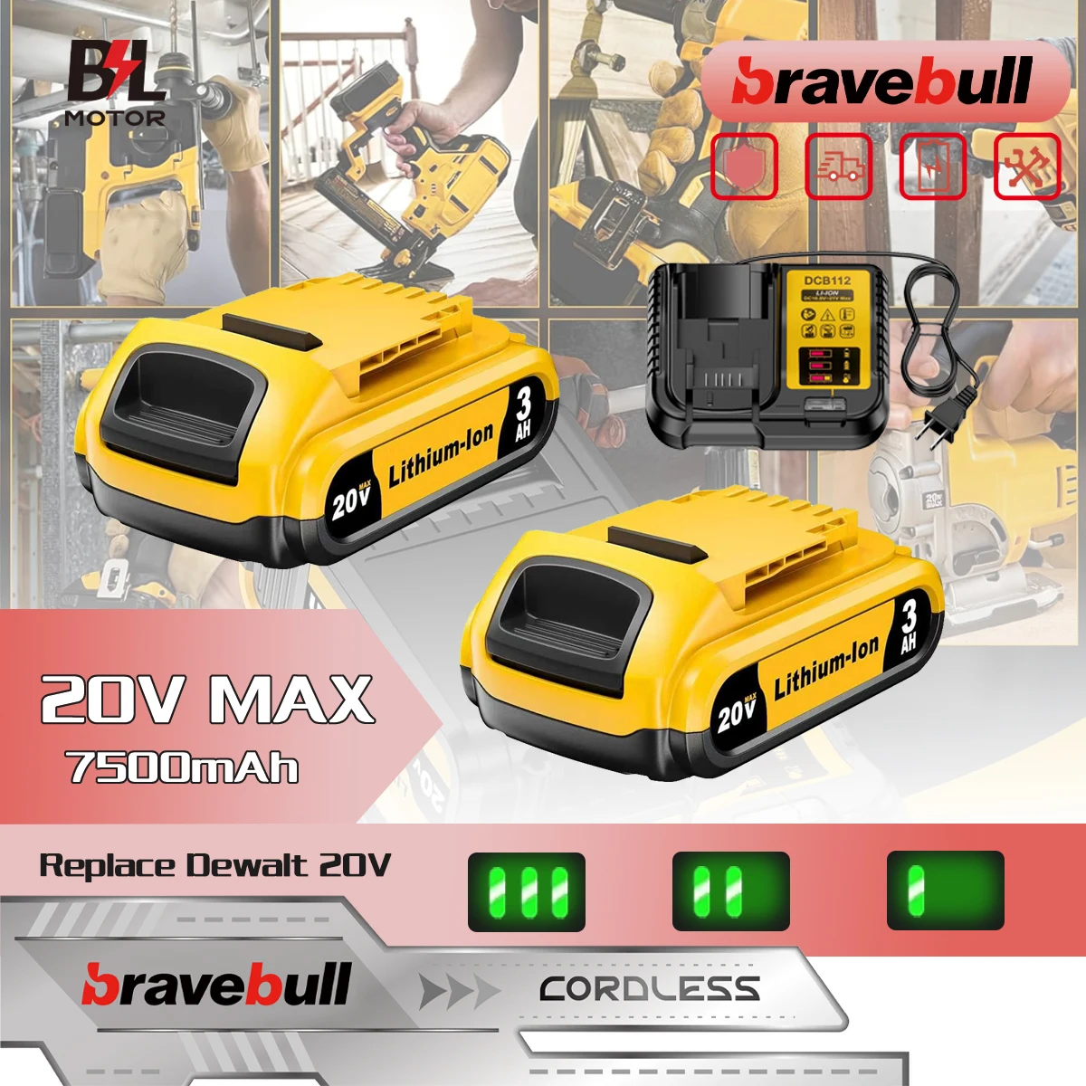 Bravebull 7500mAh 대용량 20V 충전식 리튬 이온 배터리 Dewalt 배터리 교체용 DCB206 DCB207 DCB204 DCB201