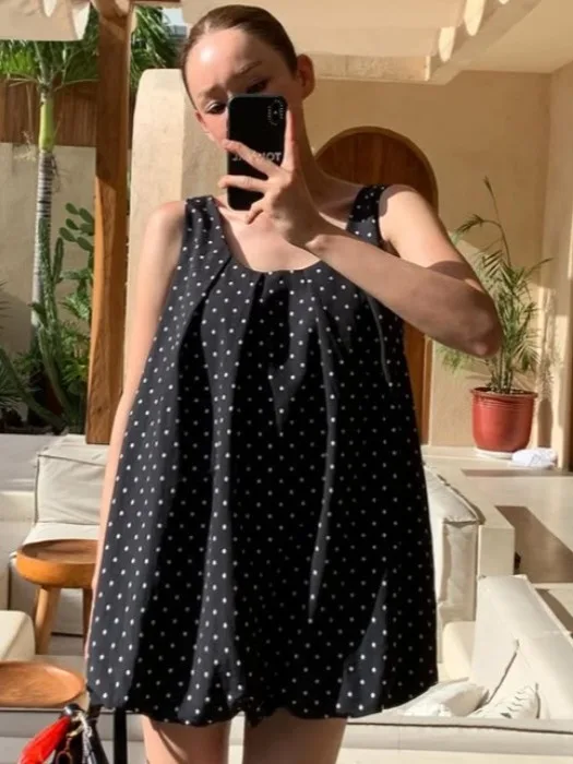 

Cute Anti-Aging Pleated Polka Dot Vest Dr Women Summer New Loose Bloom ort Skirt Ele Commute Sle Svel Gown
