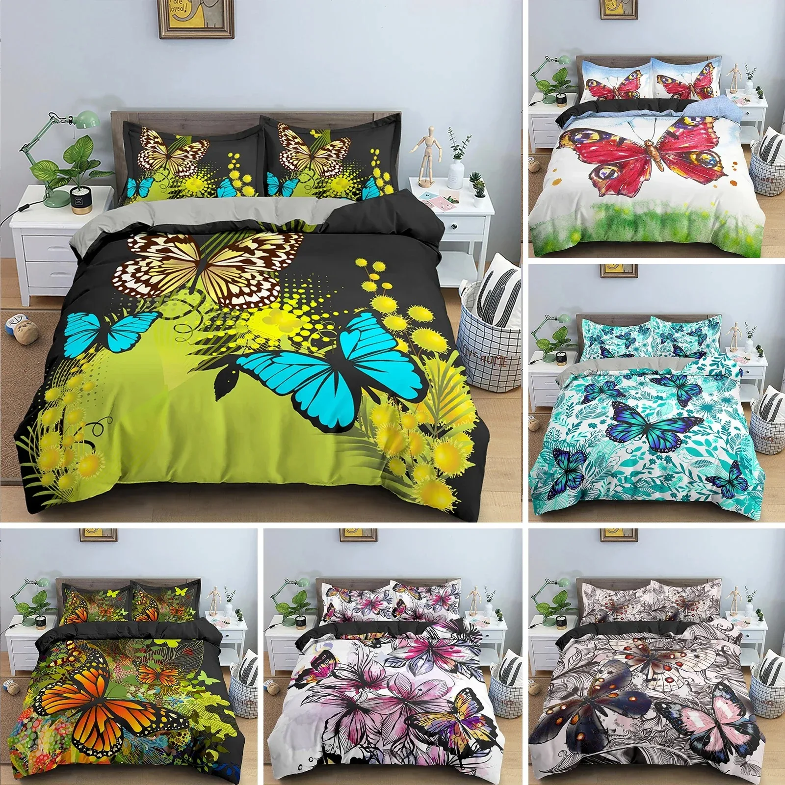 

Butterfly Duvet Cover King Queen Size Animal Floral Bedding Set for Teens Adults Beautiful Flower 3pcs Polyester Quilt Cover