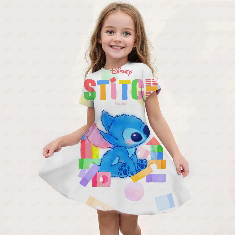 Summer New Disney Stitch Girl Birthday Party Casual Dress KID/Adult Parent-Child Dress 3D Printing Blue Pink Cartoon Dress Gift