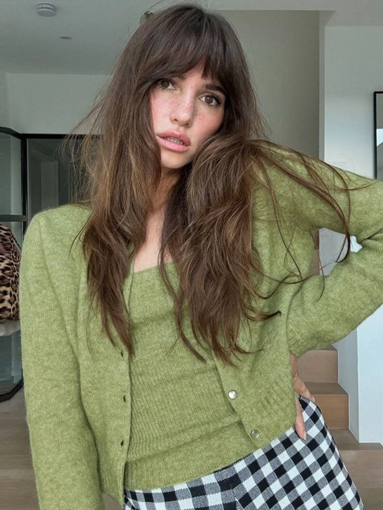 

FDYOUI Women O-neck Long Sleeve Solid Green Cardigan Sweater Streetwear Casual Single Breasted Knitted Outerwear Female Knitwear