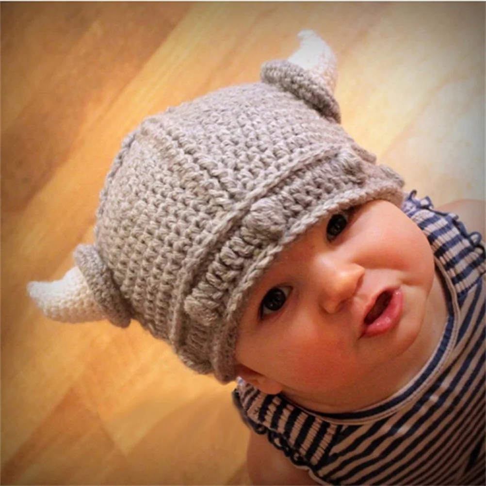 Gray Bull Horn Beanie Handmade Knitted Crochet Viking Infant Winter Hat Boys Girls Kids Knitted Hats Warm Fall Winter