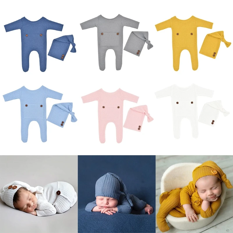 2 Pcs/Set Newborn Photography Props Baby Boy Girl Romper Hat Set Knitted Jumpsuit Long Tail for Head Wrap Turban Beanie