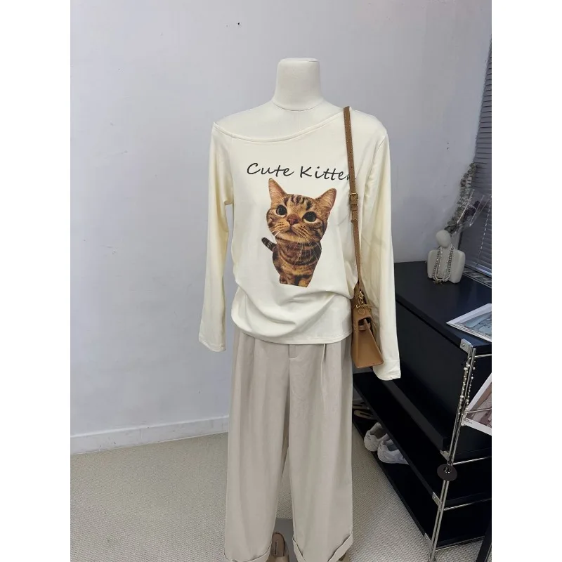 Angled Collar Off-shoulder Long-sleeved T-shirt for Women Autumn and Winter Brushed Thickened Bottoming Shirt Sweatshirt Korean