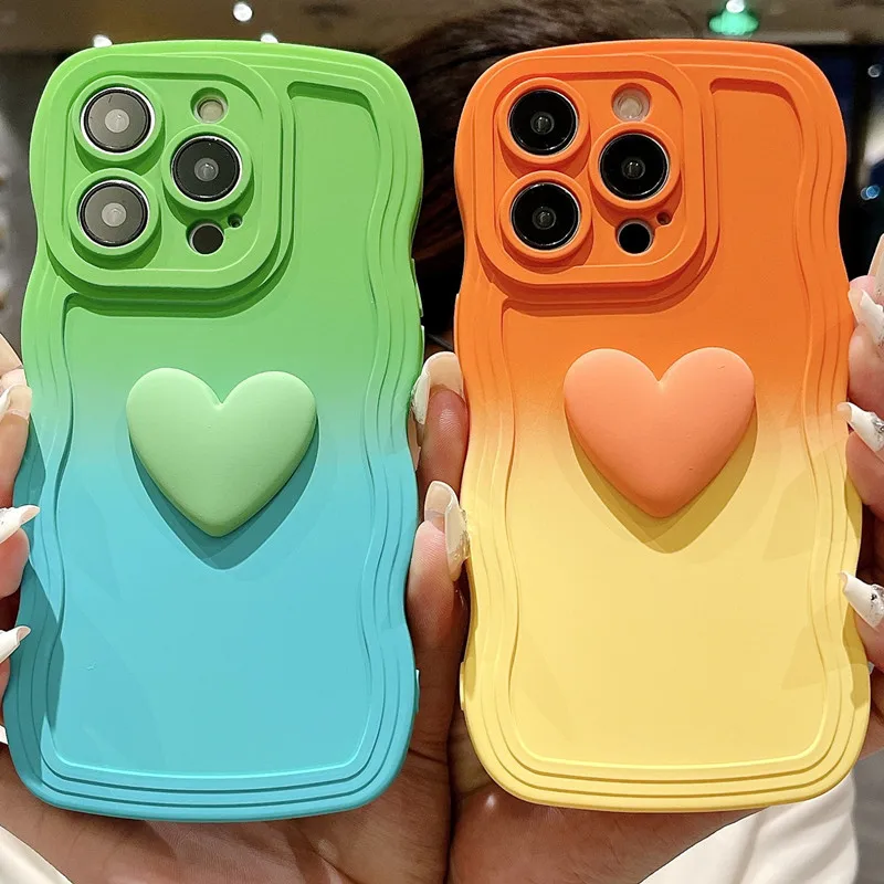 3D Cute Love Heart Gradient Curly Wave Phone Case For iPhone 15 Pro Max 14 13 12 11 XS X XR 7 8 6 S Plus SE 2020 2022 Soft Cover