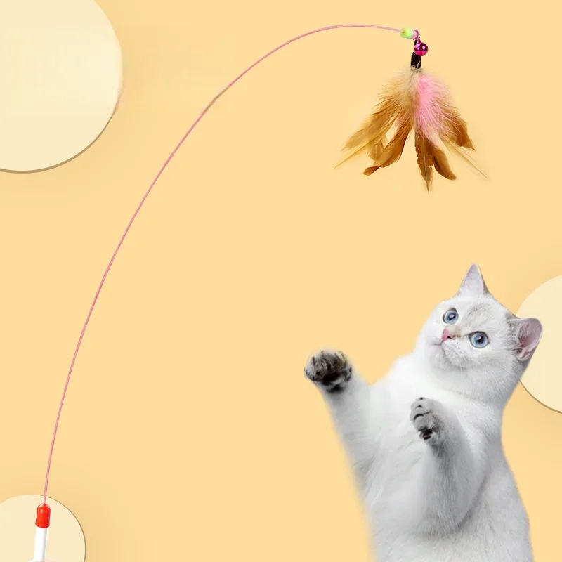 Interactive Steel Wire Cat Teaser Wand with Bell Cute Feather Top Portable Pet Teasing Stick for Indoor Kitten Exercise