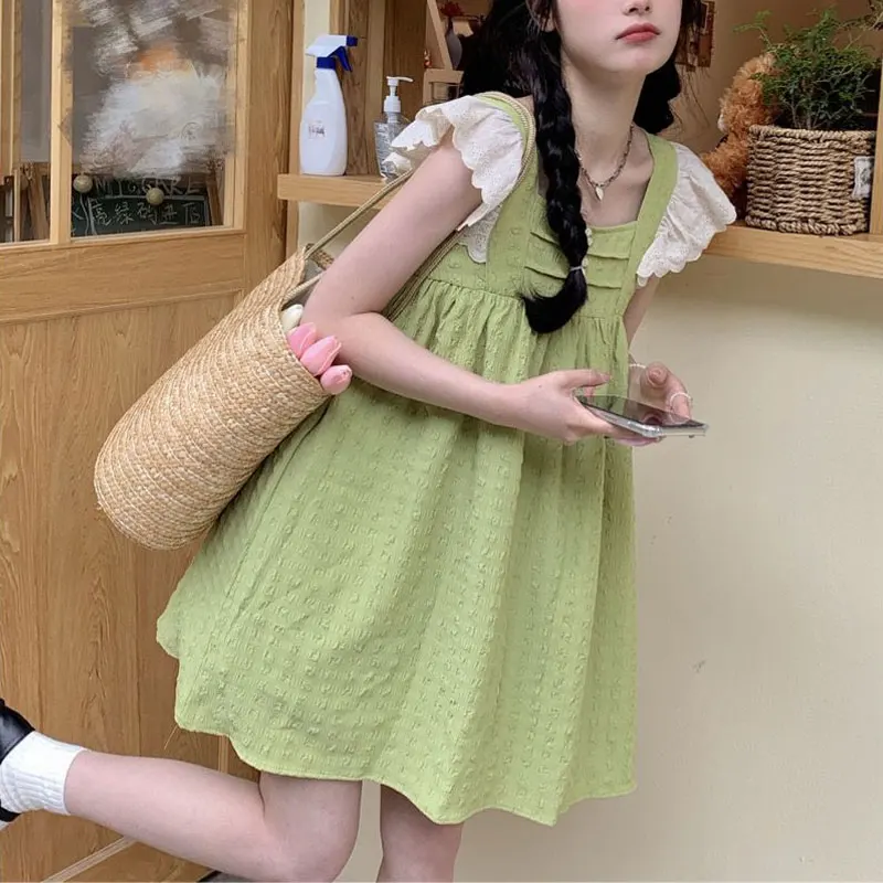 Sweet Lace Flying Sleeve Midi Dress Spliced Summer New Folds Stylish Floral Women\'s Clothing Casual Square Collar Loose Dresses