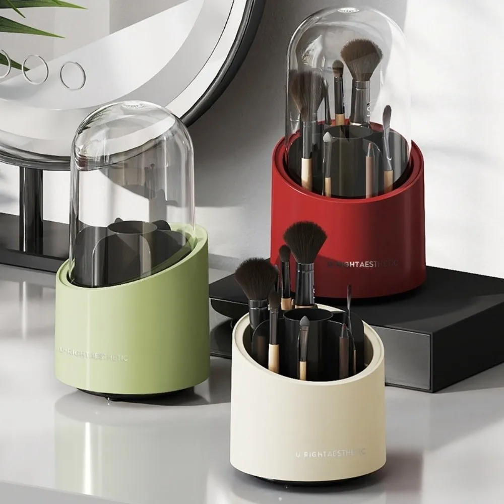 Large Capacity 360° Rotating Makeup Brushes Holder Dustproof Space Saving Cosmetic Storage Box Transparent Cover Waterproof