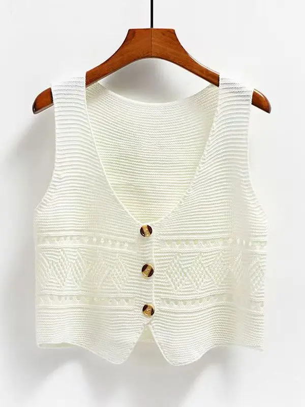 Women's Short V-Neck Knitted Vest Top Buttoned Korean Style Outerwear Layering Sweater Tank Top Regular Thickness Medium Warmth