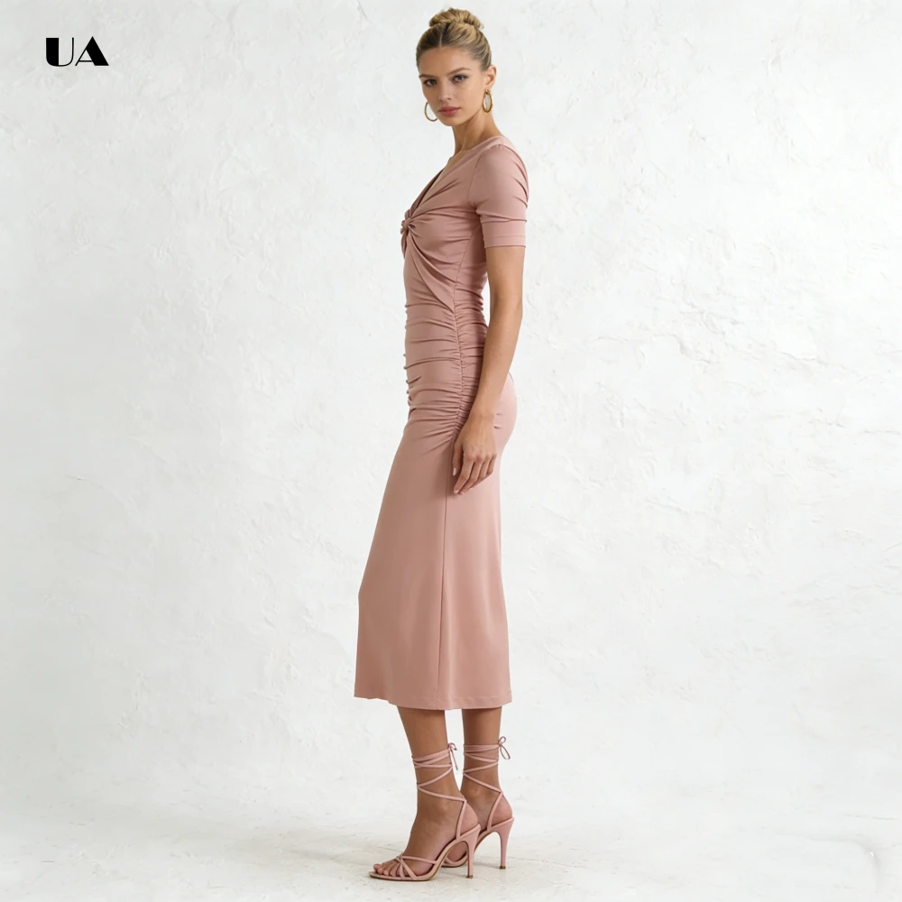 ULBYANRY Kurzarm-Abschlussballkleid mit Ausschnitt, V-Ausschnitt, solide, gerüschte Abendkleider für Frauen, einfaches Etuikleid, individuelles Partykleid