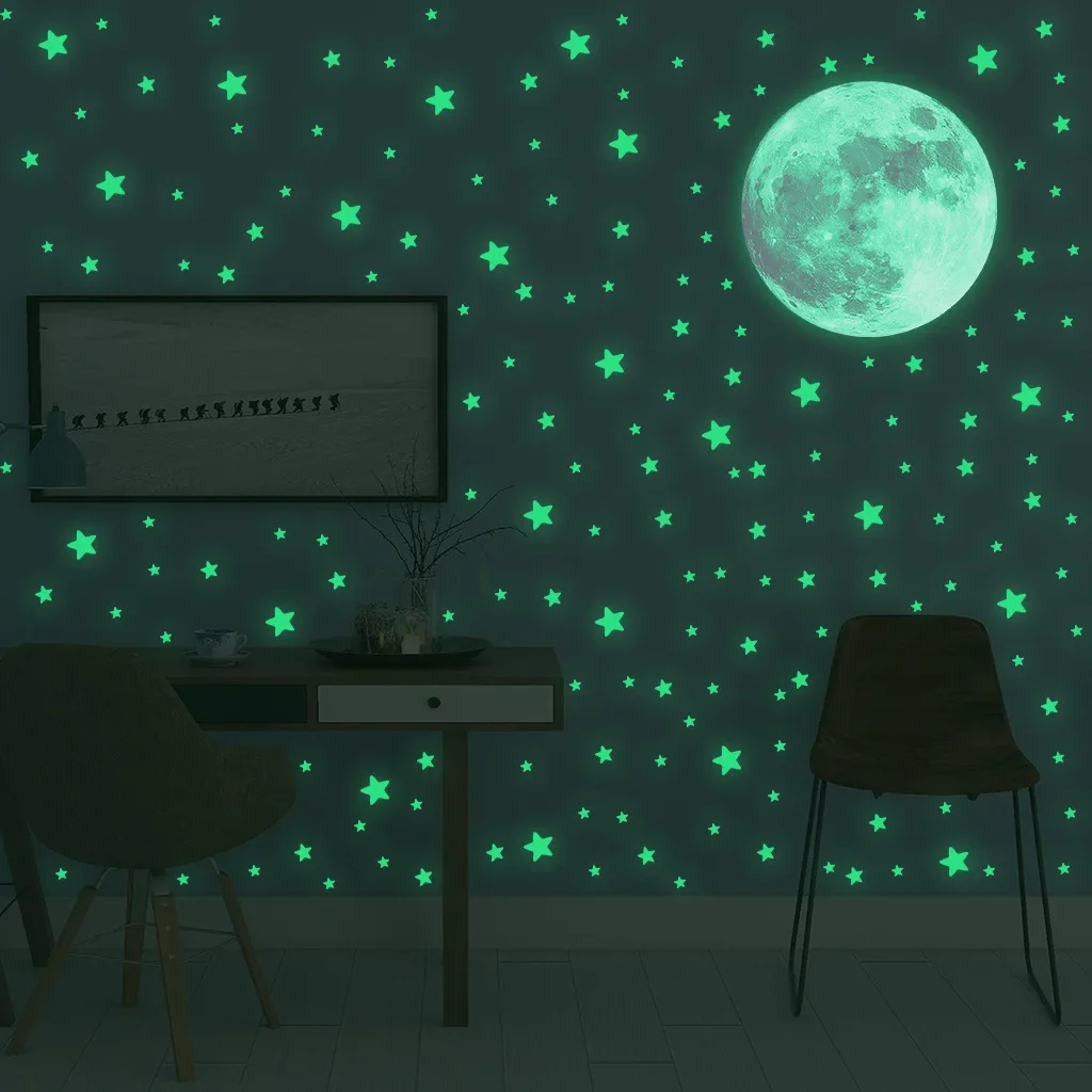 Pegatinas de Pared de Estrellas y Luna Luminosas para Habitación Infantil, Decoración de Dormitorio, Pegatinas de Pared de Tierra que Brillan en la Oscuridad, Pegatinas Noctilucentes, Decoración del Hogar