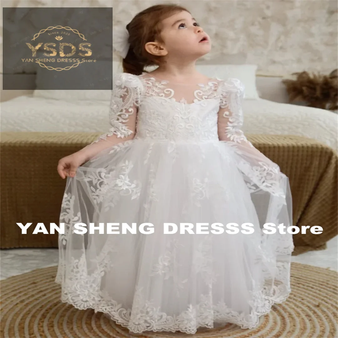 Customized Flower Girl Dresses Tulle Lace Flory Pattern With Bow Long Sleeve For Wedding Birthday Party First Communion Gowns