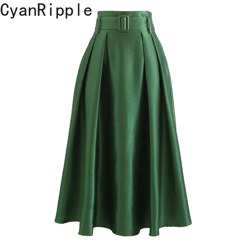 High Quality Hepburn Style All-match High Waist Lace-up Satin Dark Green Goddess Skirt Elegant Spring Autumn Elegant Puff Skirts