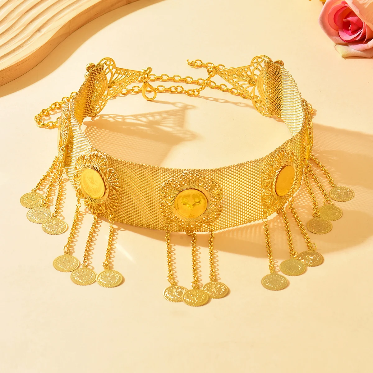 Middle Eastern Gold Coin Tassel Belt Mesh Metal Waist Chain for Wedding & Belly Dance
