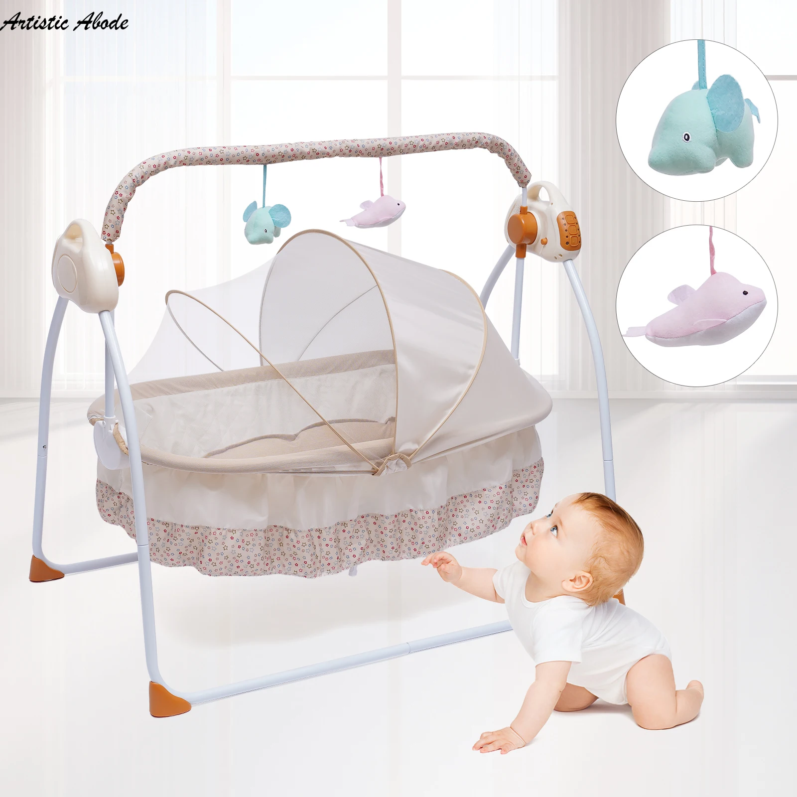 

Portable ElEctric Rocking Chair NewborN Travel Crib, IntellIgent Coaxial, Soothing ArtificiAl Products, Sleep Peace Sign