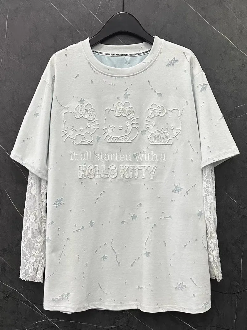 

Summer New Cartoon Hello Kitty Fake Two Piece T Shirt Women Loose Casual Versatile Sweet Girl Top Harajuku Women Clothes Korean