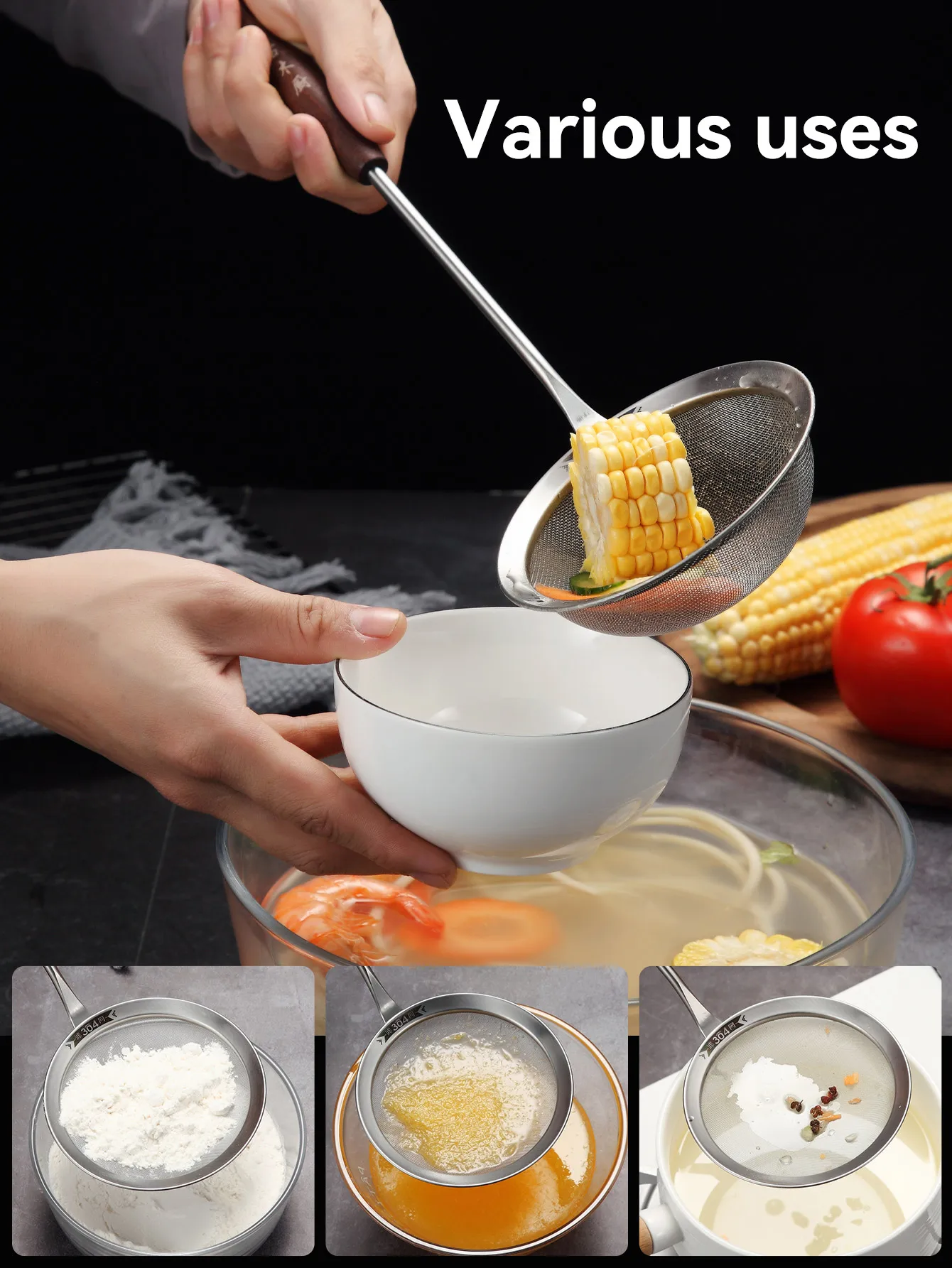 WORTHBUY 18/8 Stainless Steel Kitchen Colander Household Kitchen Dumplings Noodles Hot Pot Spoon Frying Strainer Spoon