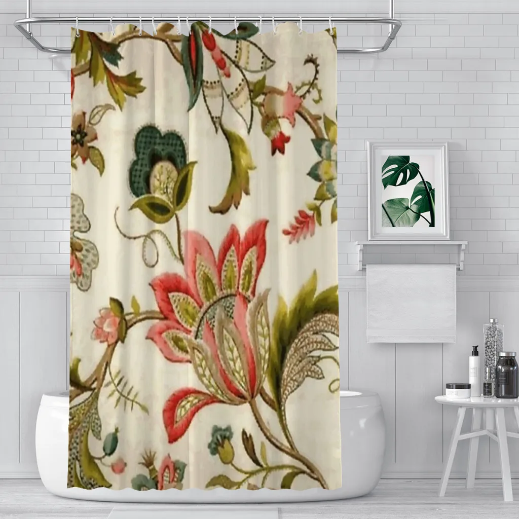 Jacobean Floral Crewel Embroidery Pattern Digital Art Vector Painting Shower Curtain for Bathroom  Aesthetic Room Decoration