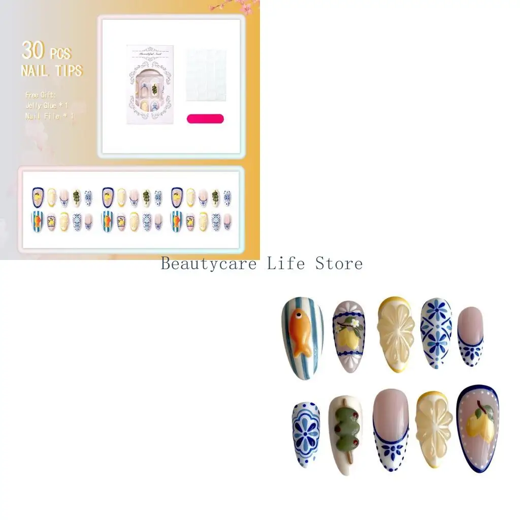 652C Length Press On 30Pieces Gradient Color And Dimensional Floral Patterns