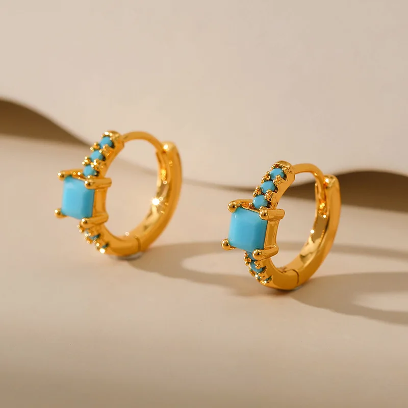 

18k Gold Plated Small Circle Inlaid Turquoise Hoop Earrings for Women Waterproof Charm Daily Trend Jewelry Party Gift