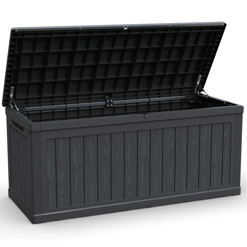 

Large Outdoor Storage Deck Box for Patio Furniture, Cushions, Garden Tools, Sports & Pool Equipment, Waterproof Resin, Lockable, Black