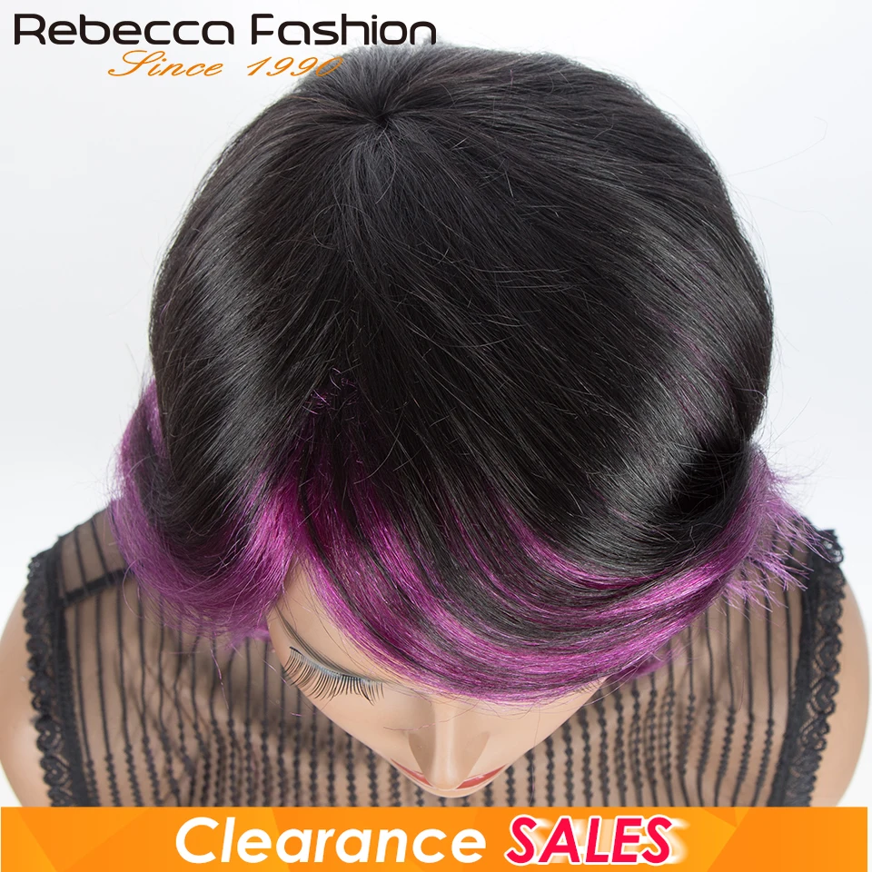 Rebecca Youth 1B/Purple Skunk Stripe Short balayage Human Hair Wigs With Partial Part Brazilian Human Hair Full Machine Made Wig - Image 4