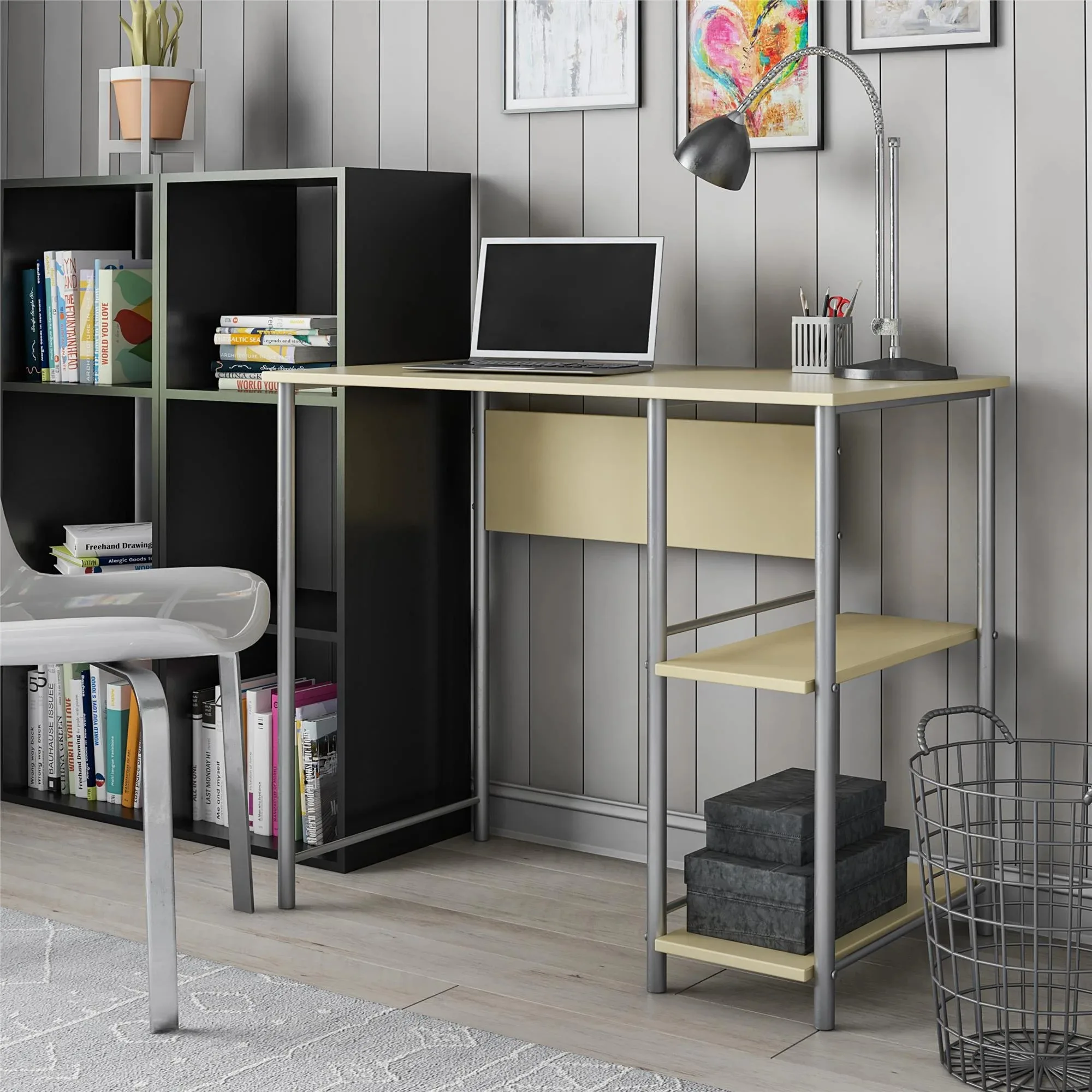 Einfacher Computertisch aus Metall für Studenten, Gelb, Mittelregal ist abnehmbar, um Ihre CPU zu Hause, wenn benötigt wird