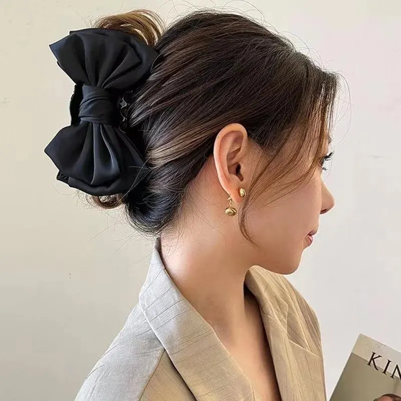 Double Sided Solid Color French Bow Grab Clip for WOMEN'S Large Shark Clip, Japanese and Korean High-end Curly Hair Ponytail Hai