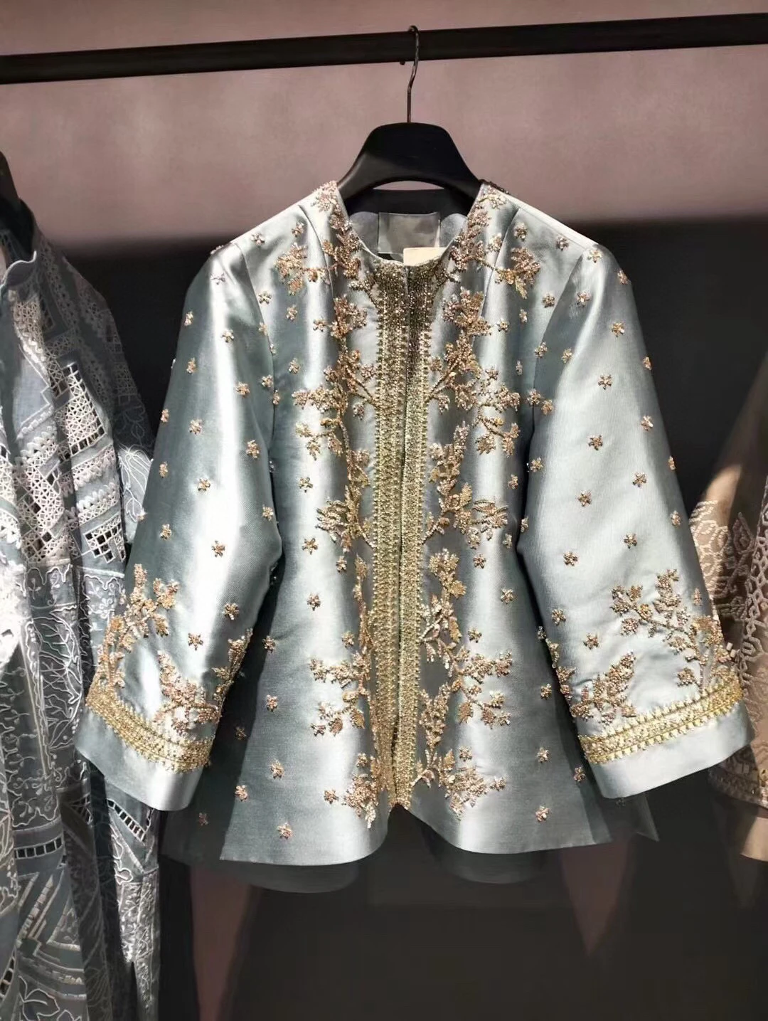 Heavy Beaded Silk Satin Jacket Luxury Hand Embroidered Blue Champagne Short Cape Coat Haute Couture Evening Party Outerwear