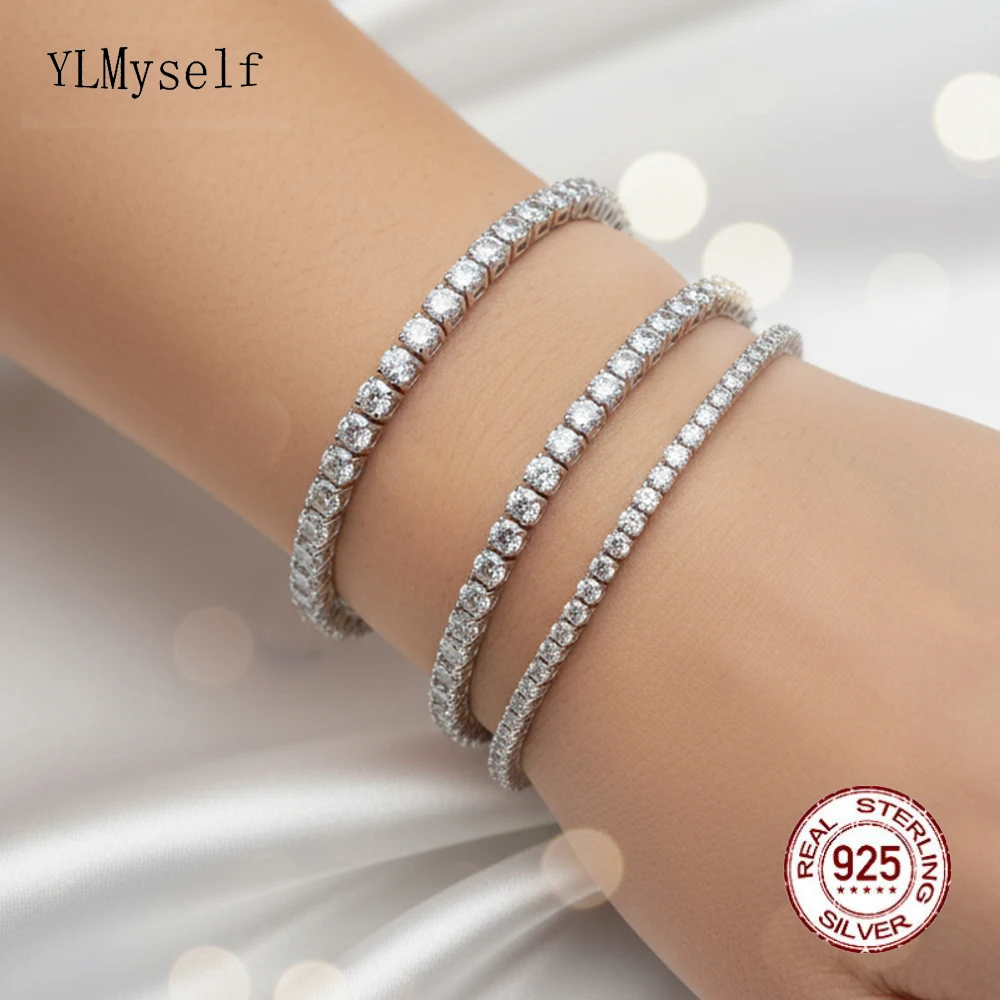 

YLMyself 925 Sterling Silver Tennis Bracelet 3mm Moissanite Diamond Classic Chain Jewelry 16/17/18cm Gift For Women Hypoallergen