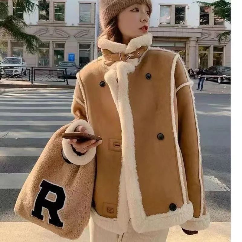 GIDYQ Winter Warm Lamb Fur Jacket Women Vintage Casual Motorcycle Cotton Coat Korean Fashion Thickened Snow Parka Outerwear New