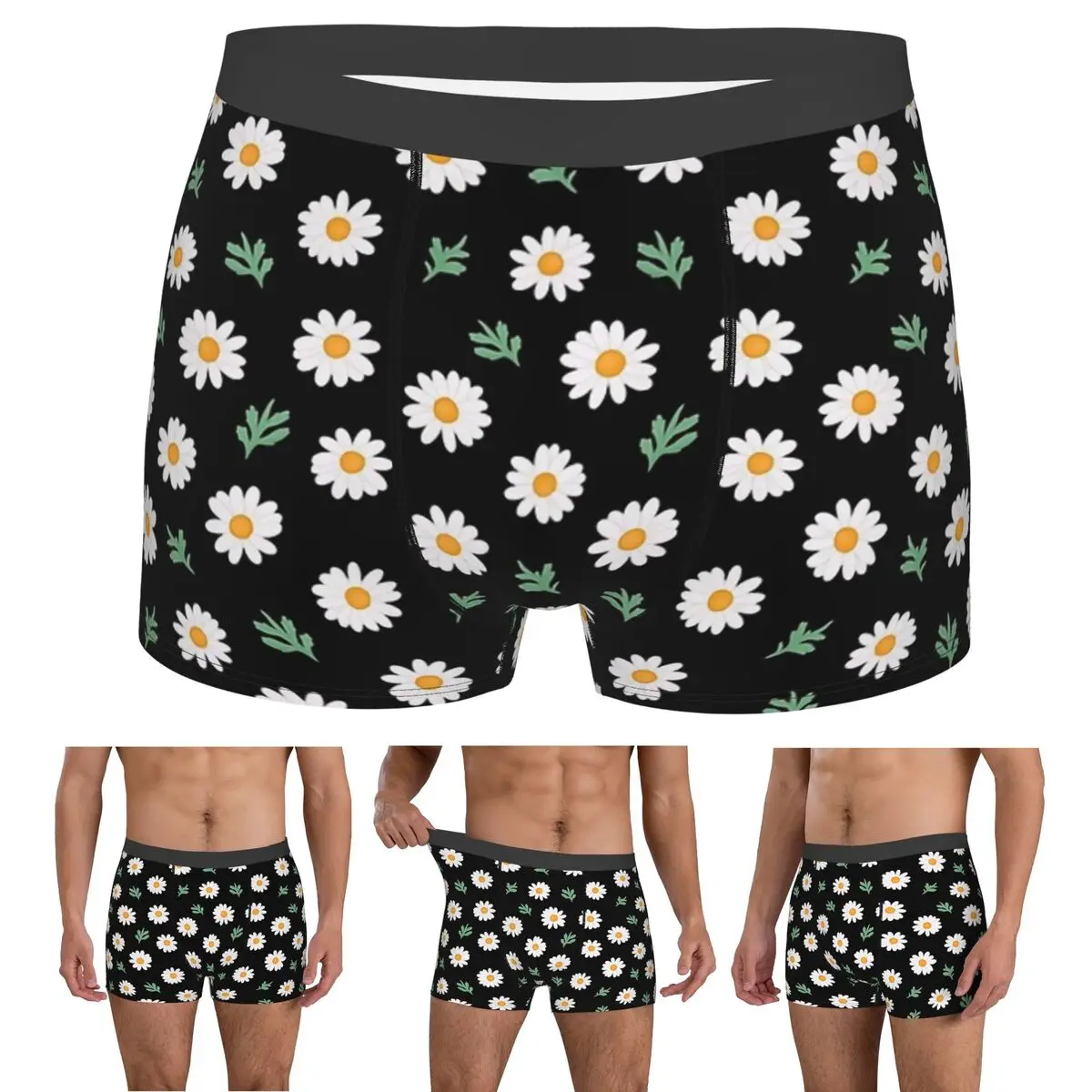 

Boxer Underpants Shorts Daisy Pattern On Black Panties Men's Soft Underwear for Homme Man Boyfriend Gifts
