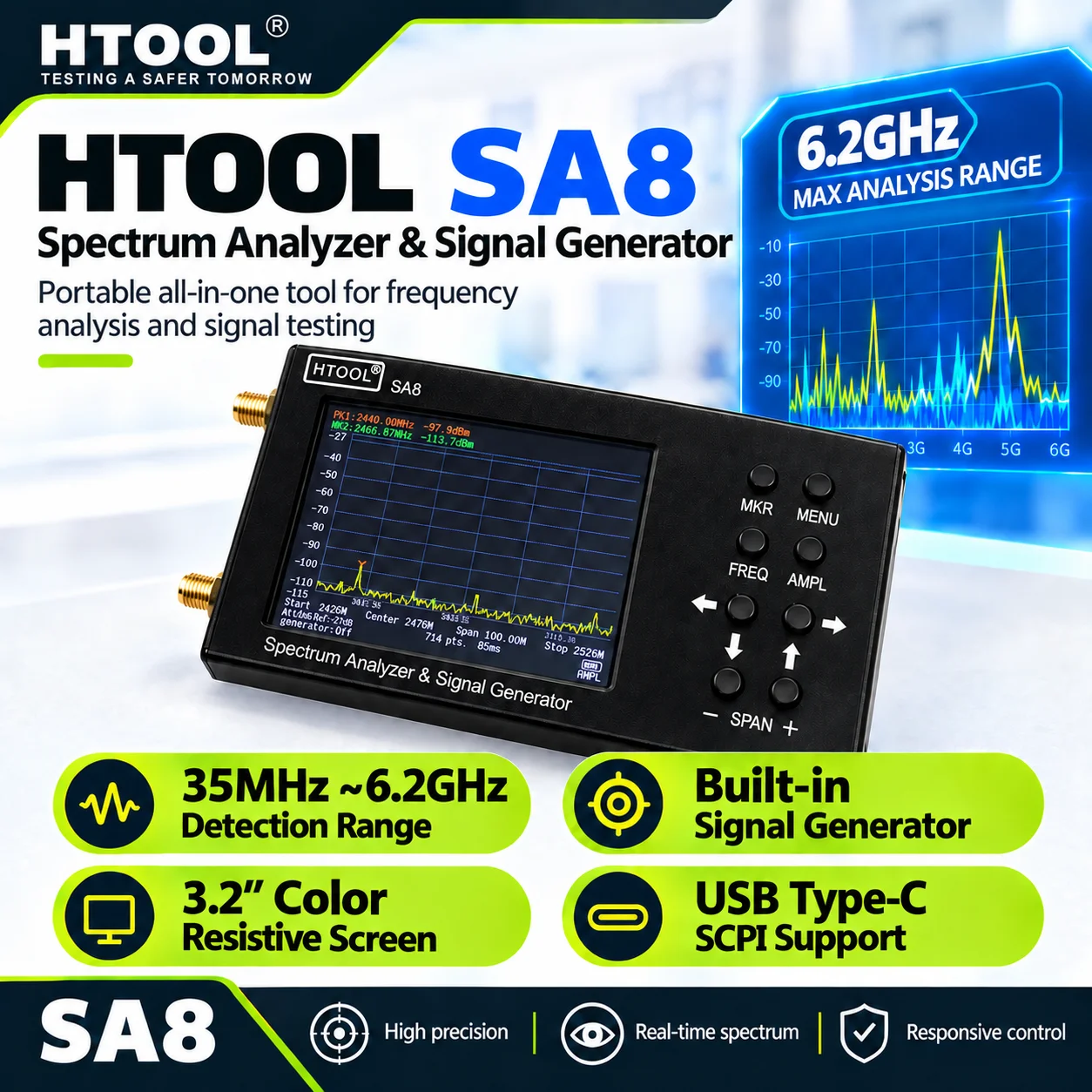 Signal Generator Spectrum Analyzer - جهاز تحليل الطيف المحمول HTOOL SA8،